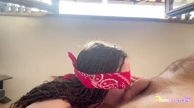 Sucking his shiny cock in a sunny day blindfolded big cum load
