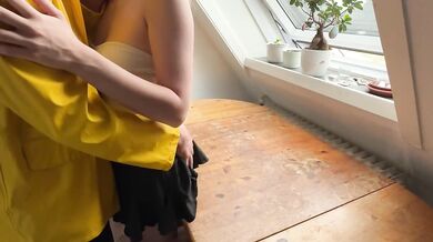 Guy in raincoat destroys me on kitchen table missionary style