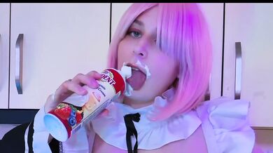 Cosplay Maid Serves Fruits Cream Hands Knees Screams