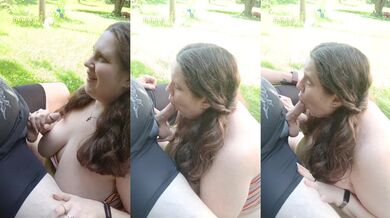 Sucking just the tip BBW swallows cum outdoors