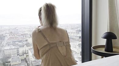 Toy Play Dildo on the Window Blowjob Hot Blonde Milf