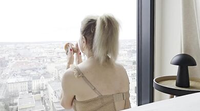 Toy Play Dildo on the Window Blowjob Hot Blonde Milf