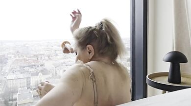 Toy Play Dildo on the Window Blowjob Hot Blonde Milf