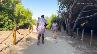 Holiday slut gets fucked outside British beach public blowjob threesome
