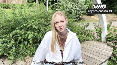 Russian sloppy whore takes 500 rubles for doggy in the forest