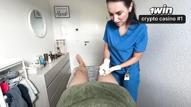 Naughty masseuse kneads latex gloves into messy happy ending cumshot