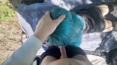 Russian blue hair schoolgirl gets railed outdoors public sex picnic BJ cumshots