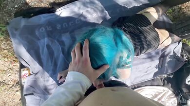 Russian blue hair schoolgirl gets railed outdoors public sex picnic BJ cumshots