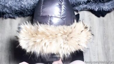 Fur hooded puffer jacket leather gloves destroying deepthroat blowjob