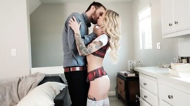 Blonde schoolgirl spanked hard then deep throat fucked by teacher