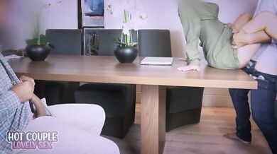 Office hotwife takes brutal double creampie while cuckold husband watches sloppy cleanup