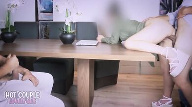 Office hotwife takes brutal double creampie while cuckold husband watches sloppy cleanup