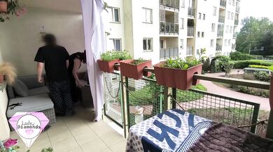 Neighbors walking past while we risk balcony anal with double cumshot creampie