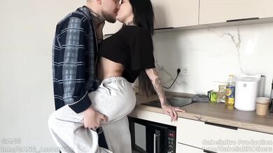 Russian tattooed slut gets face fucked in kitchen until mouth full of cum