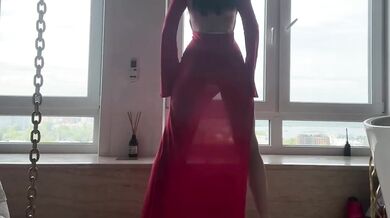 Seated goddess teased her yoga stretch in red dress while worshipping her ass and feet
