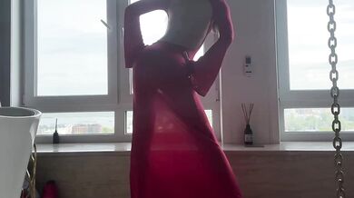 Seated goddess teased her yoga stretch in red dress while worshipping her ass and feet