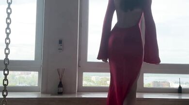 Seated goddess teased her yoga stretch in red dress while worshipping her ass and feet