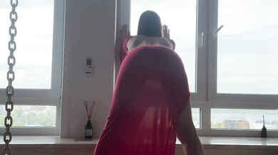Seated goddess teased her yoga stretch in red dress while worshipping her ass and feet