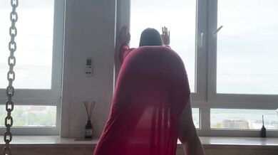Seated goddess teased her yoga stretch in red dress while worshipping her ass and feet