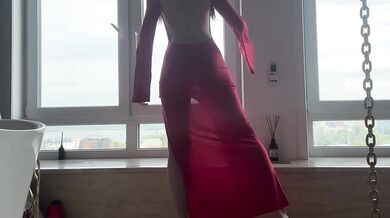 Seated goddess teased her yoga stretch in red dress while worshipping her ass and feet