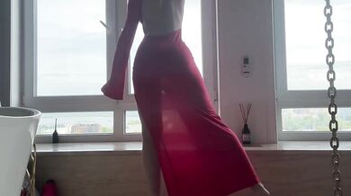 Seated goddess teased her yoga stretch in red dress while worshipping her ass and feet