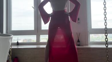 Seated goddess teased her yoga stretch in red dress while worshipping her ass and feet