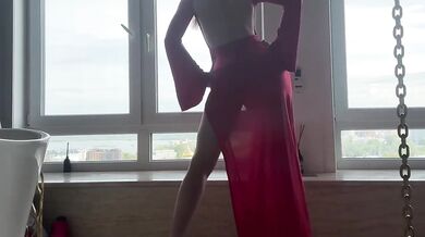 Seated goddess teased her yoga stretch in red dress while worshipping her ass and feet