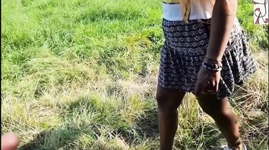 Naughty neighbor risks public blowjob in the park tearing her no panties