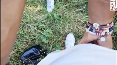 Naughty neighbor risks public blowjob in the park tearing her no panties