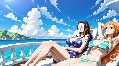 One Piece hentai where Nico Robin eats Nami's pussy and ass then fingers her raw