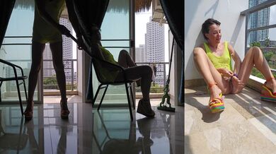 Net Dress No Bra No Panties Cleaning Hotel Balcony Hairy Pussy Fucked