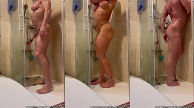 Muscular MILF strips soapy shower goddess strips wet goddess joi