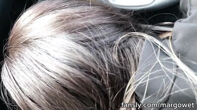Unexpected blowjob while driving her throat full of cum