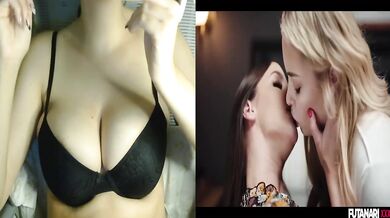 Sloppy blowjob then rides her big FUTA cock dry while girl watches porn