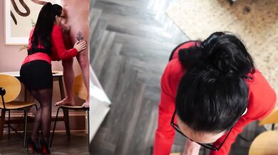 POV secretary destroyed from behind while wearing pantyhose heels and glasses