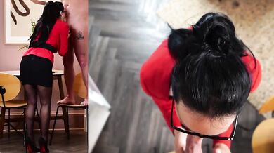 POV secretary destroyed from behind while wearing pantyhose heels and glasses