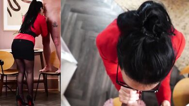 POV secretary destroyed from behind while wearing pantyhose heels and glasses