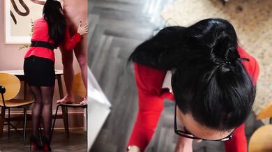 POV secretary destroyed from behind while wearing pantyhose heels and glasses