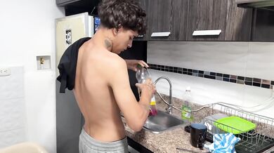 Entiado watches step sis scrub kitchen then fucks her ass raw until she gushes
