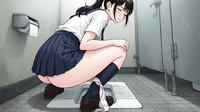 Anime schoolgirl spraying piss in the toilet