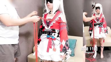 Cosplay slave trained to scream 34 orgasms with double dildo anal and slutty whimpers