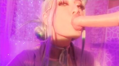Blue haired cock tease strips deep throats in VIP room POV