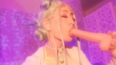 Blue haired cock tease strips deep throats in VIP room POV