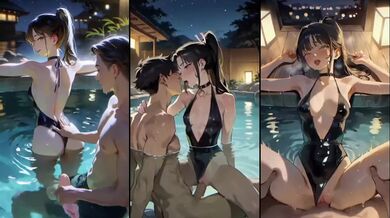 Pool date at night destroyed by AI hentai swimsuit