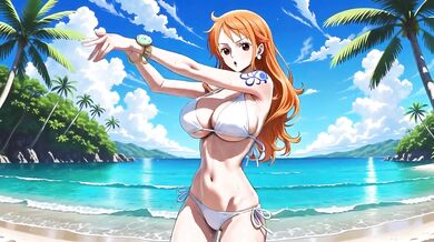 One Piece babes dance nude on beach in bikinis