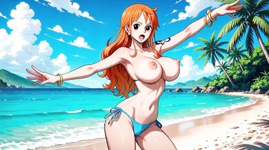 One Piece babes dance nude on beach in bikinis