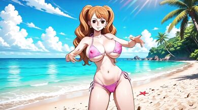 One Piece babes dance nude on beach in bikinis