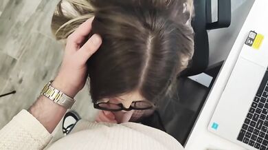 My busty boss pays me to suck her dick while she stares down my throat
