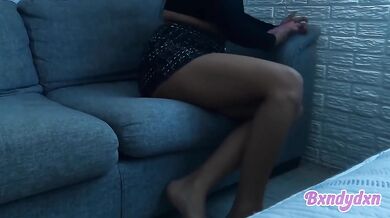 Bored alone on sofa fingering miniskirted timid beauty POV solo sexy