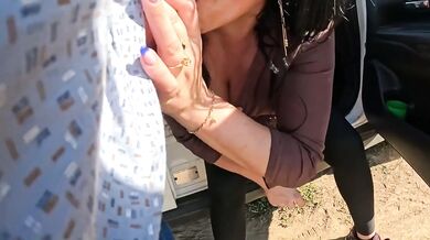 Tight leggings car tease blowjob ruined with cum on face.